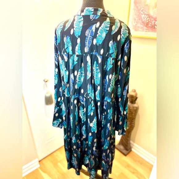 Italian linen black gold glitter leaf pattern tiered dress w/motherpearl buttons - Picture 8 of 13